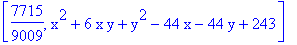 [7715/9009, x^2+6*x*y+y^2-44*x-44*y+243]